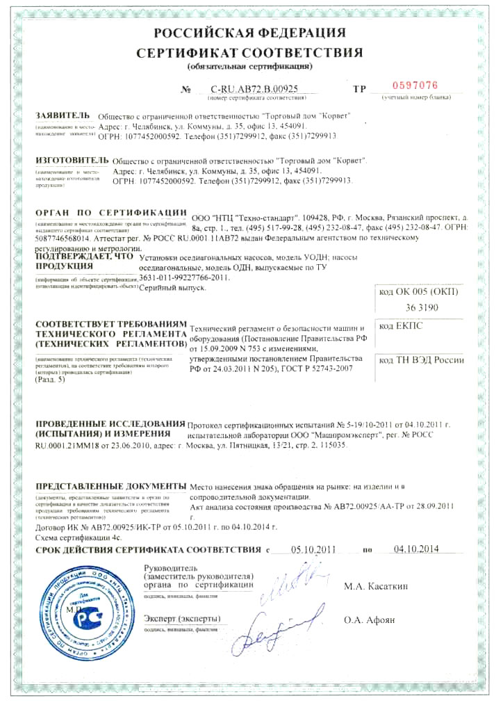 сертификат соответствия насосного оборудования